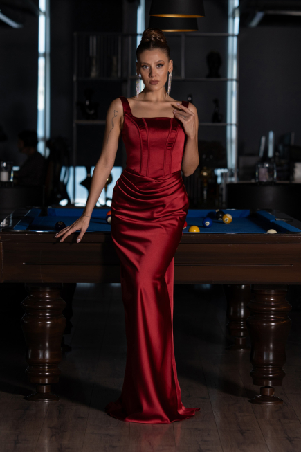 Robe de Soirée Longue Satin Rouge Bordeaux ABU6542