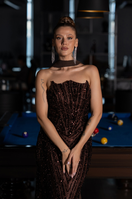 Robe de Soirée Longue Squameuse Brun ABU6534