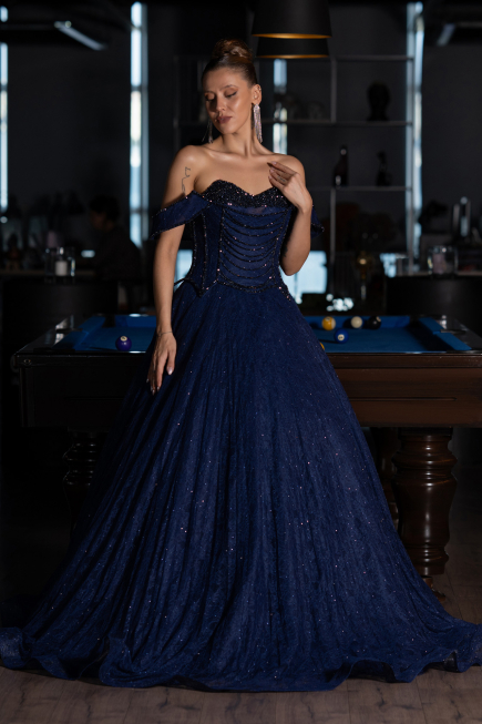 Robe de Soirée Longue Dantelle Bleu Marine ABU6536