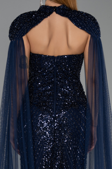 Robe de Soirée Longue Perlé Bleu Marine ABU6544