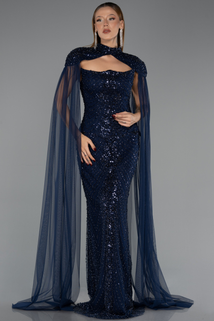 Robe de Soirée Longue Perlé Bleu Marine ABU6544