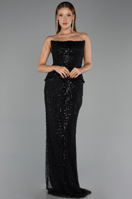 Robe de Soirée Longue Perlé Noir ABU6544