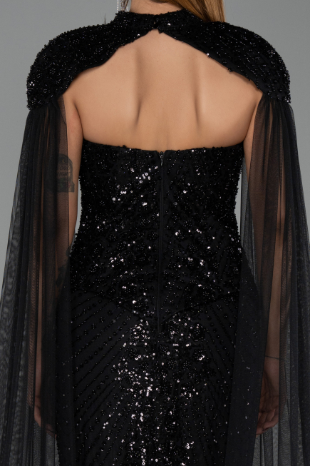 Robe de Soirée Longue Perlé Noir ABU6544