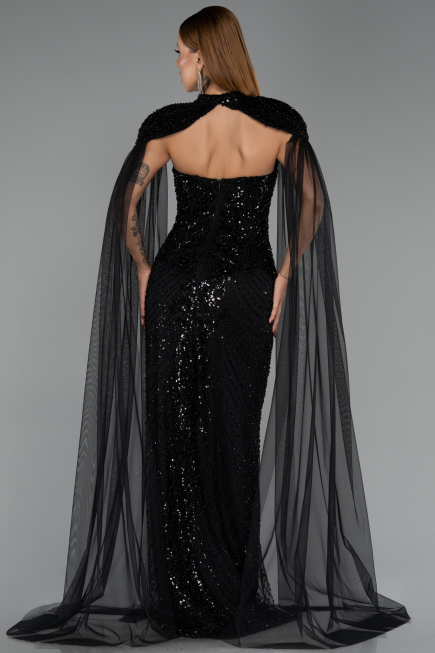 Robe de Soirée Longue Perlé Noir ABU6544