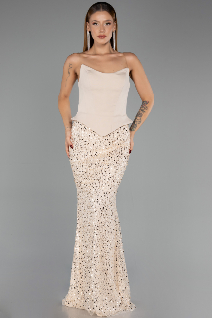 Robe de Soirée Longue Squameuse Beige ABU6546