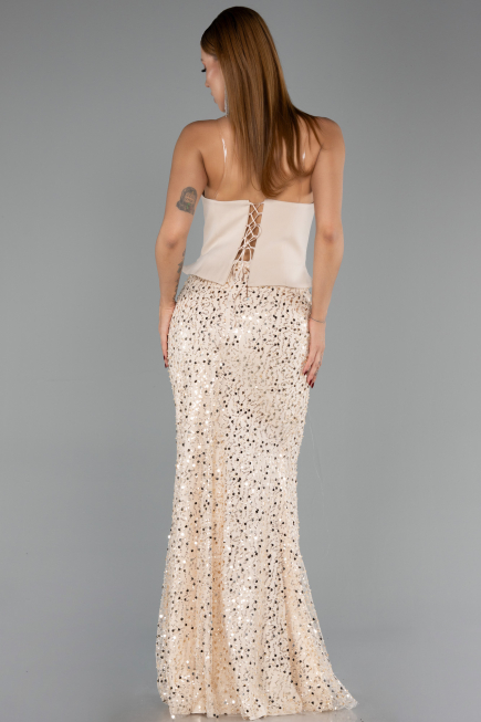 Robe de Soirée Longue Squameuse Beige ABU6546