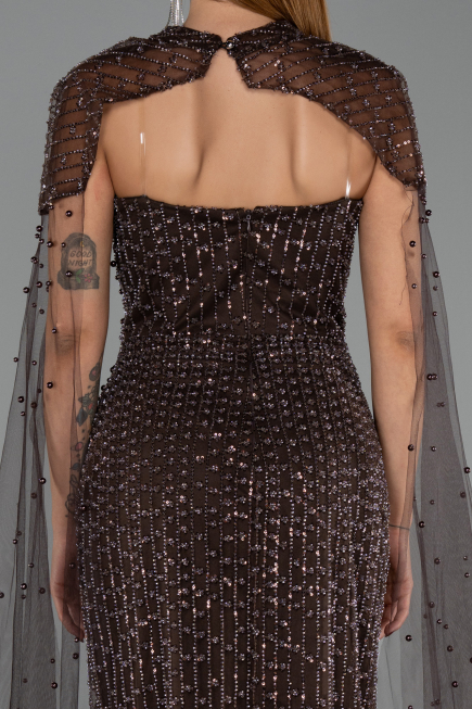 Robe de Soirée Longue Perlé Brun ABU5483
