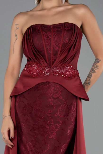 Robe de Soirée Longue Dantelle Rouge Bordeaux ABU5615