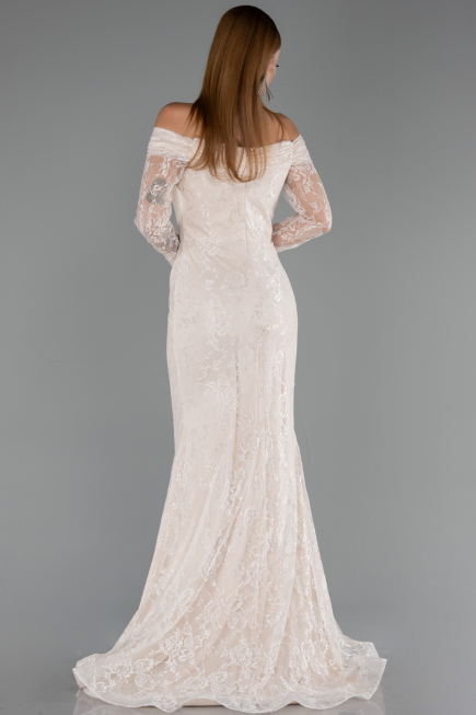 Robe de Soirée Longue Dantelle Beige ABU5617