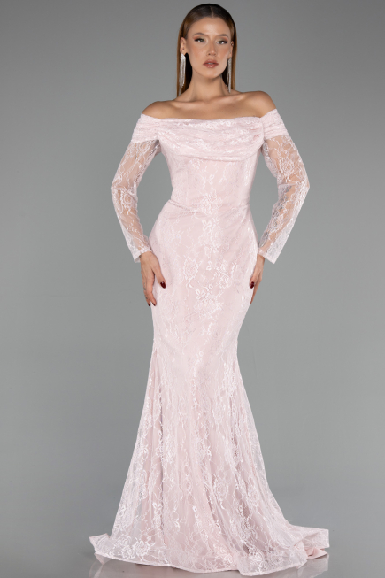 Robe de Soirée Longue Dantelle Poudre ABU5617