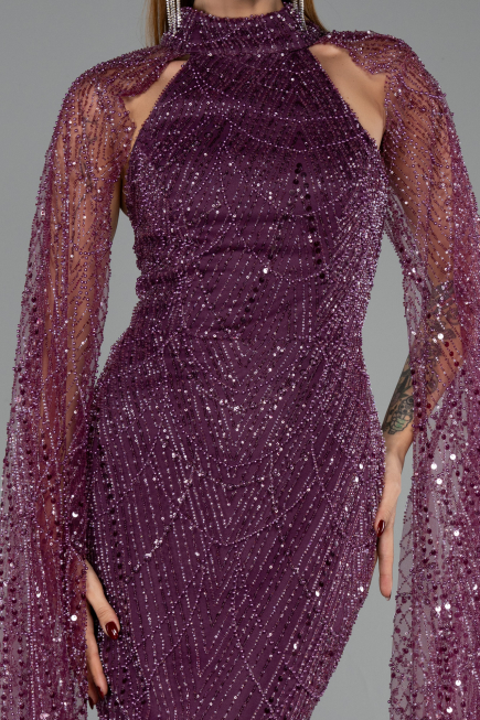 Robe de Soirée Longue Perlé Prune ABU6154