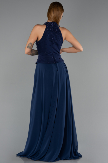 Robe de Soirée Longue Mousseline Bleu Marine ABU6550
