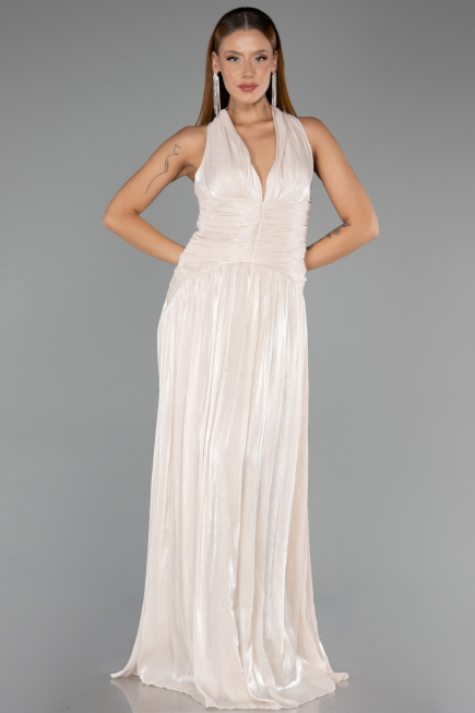 Robe de Soirée Longue Mousseline Beige ABU6551