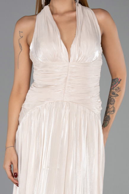 Robe de Soirée Longue Mousseline Beige ABU6551
