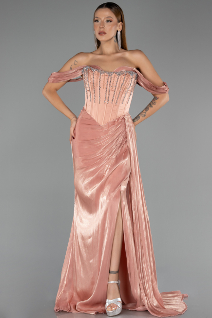 Robe de Soirée Longue Mousseline Saumon ABU6496