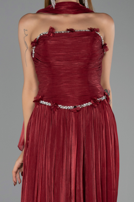 Robe de Soirée Longue Mousseline Rouge Bordeaux ABU6322