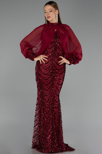 Robe de Soirée Longue Squameuse Rouge Bordeaux ABU6298