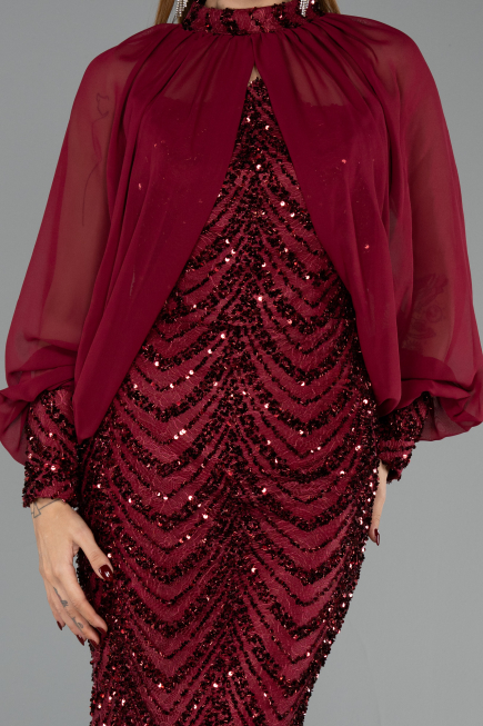 Robe de Soirée Longue Squameuse Rouge Bordeaux ABU6298