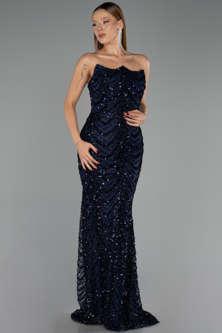 Robe de Soirée Longue Squameuse Bleu Marine ABU6298