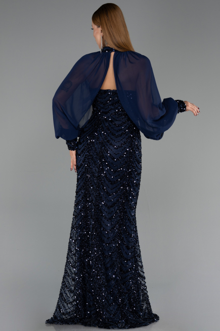 Robe de Soirée Longue Squameuse Bleu Marine ABU6298