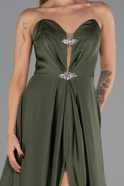 Robe de Soirée Longue Satin Kaki ABU6553