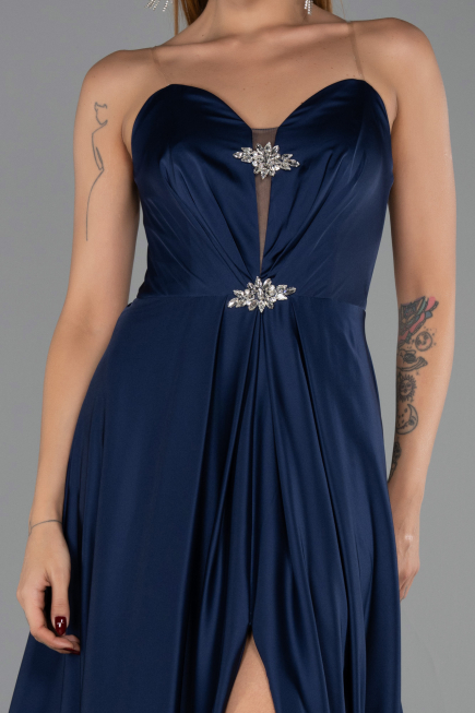 Robe de Soirée Longue Satin Bleu Marine ABU6553