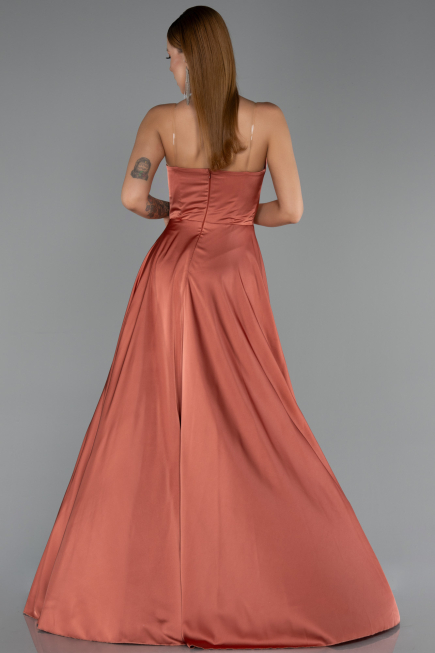 Robe de Soirée Longue Satin Marron Clair ABU6553