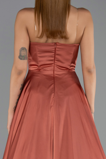 Robe de Soirée Longue Satin Marron Clair ABU6553