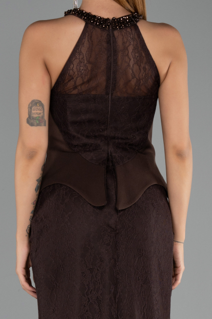 Robe de Soirée Longue Dantelle Brun ABU6425