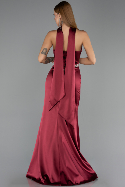 Robe de Soirée Longue Satin Rouge Bordeaux ABU6554