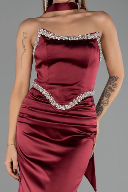 Robe de Soirée Longue Satin Rouge Bordeaux ABU6554