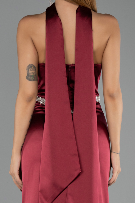 Robe de Soirée Longue Satin Rouge Bordeaux ABU6554