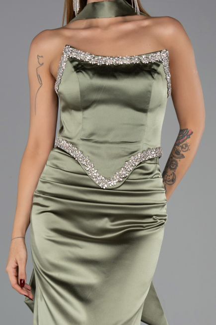 Robe de Soirée Longue Satin Kaki ABU6554