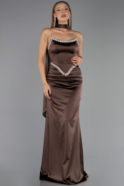 Robe de Soirée Longue Satin Brun ABU6554