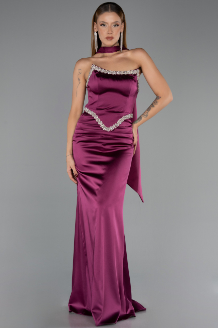 Robe de Soirée Longue Satin Prune ABU6554