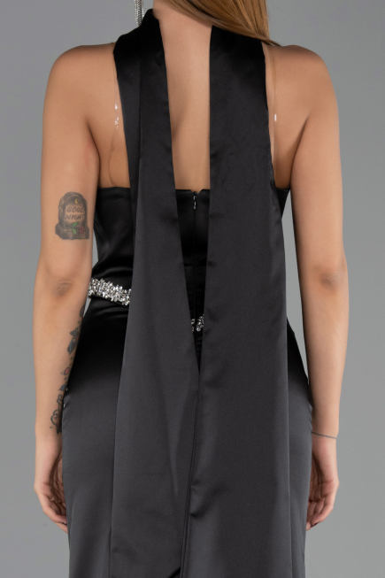 Robe de Soirée Longue Satin Noir ABU6554