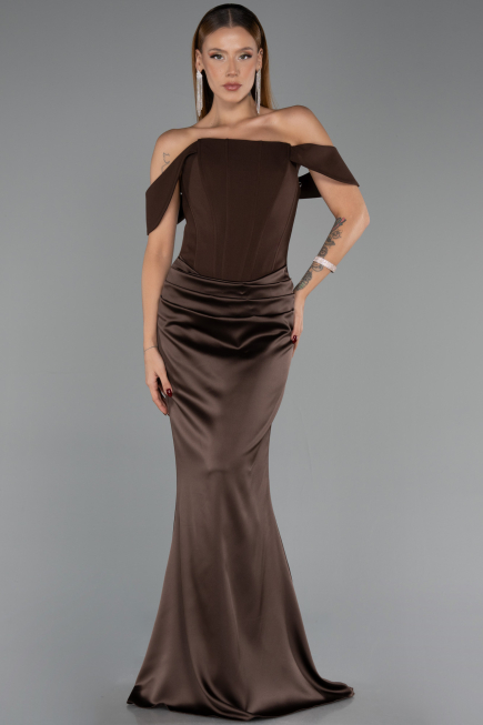 Robe Queue de Poisson Longue Satin Brun ABU6525