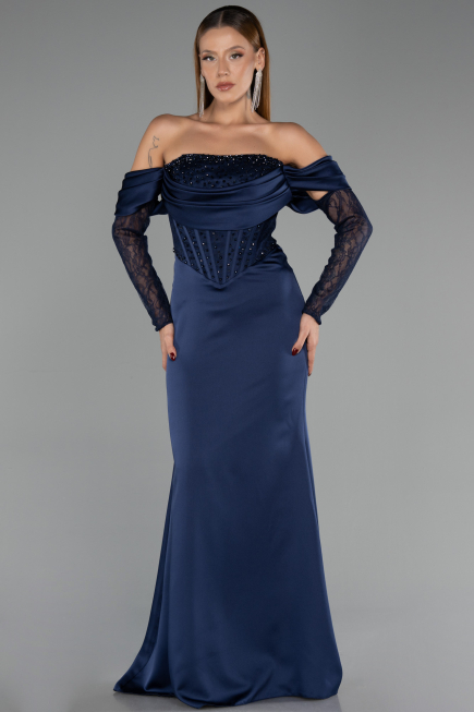 Robe de Soirée Longue Satin Bleu Marine ABU6555