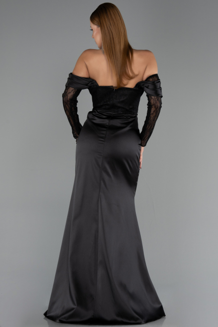 Robe de Soirée Longue Satin Noir ABU6555
