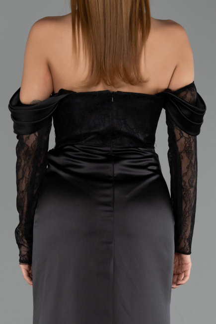 Robe de Soirée Longue Satin Noir ABU6555