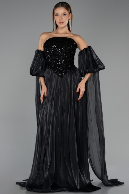 Robe de Soirée Longue Mousseline Noir ABU6533