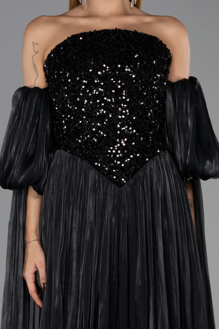 Robe de Soirée Longue Mousseline Noir ABU6533