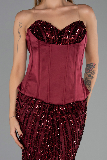 Robe de Soirée Longue Squameuse Rouge Bordeaux ABU6556