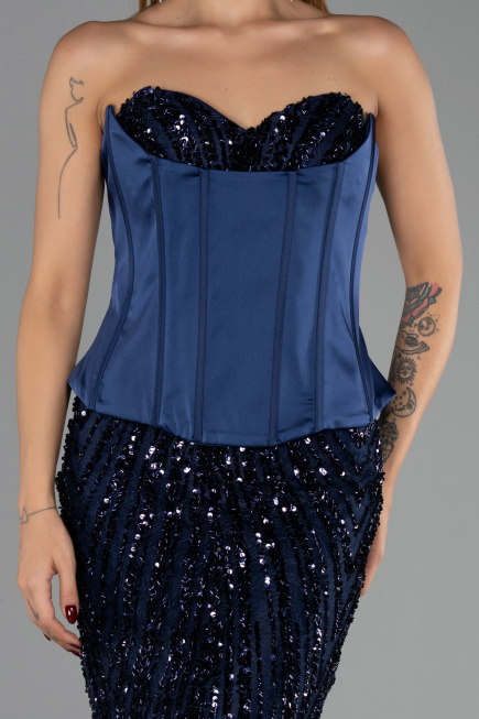Robe de Soirée Longue Squameuse Bleu Marine ABU6556