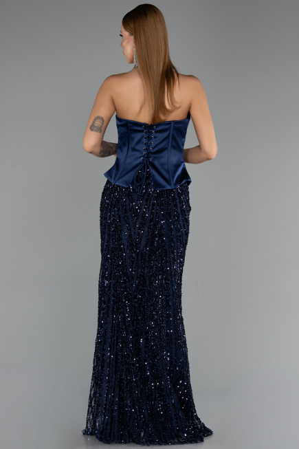 Robe de Soirée Longue Squameuse Bleu Marine ABU6556