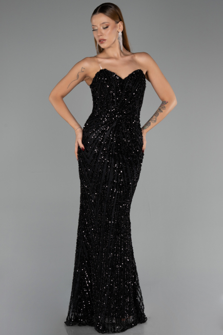 Robe de Soirée Longue Squameuse Noir ABU6556
