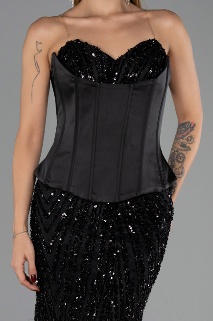 Robe de Soirée Longue Squameuse Noir ABU6556