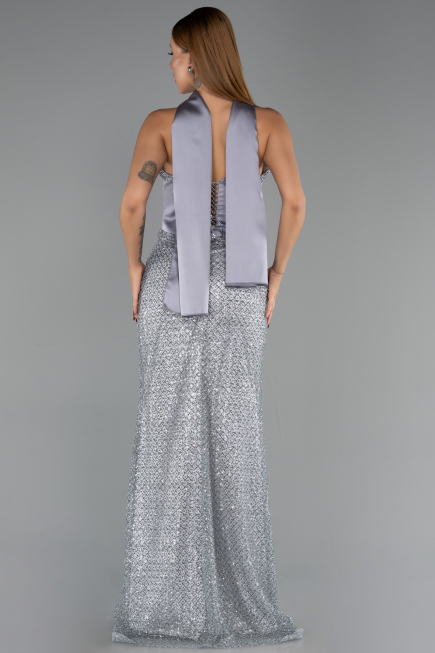 Robe de Soirée Grande Taille Longue Perlé Anthracite ABU6258