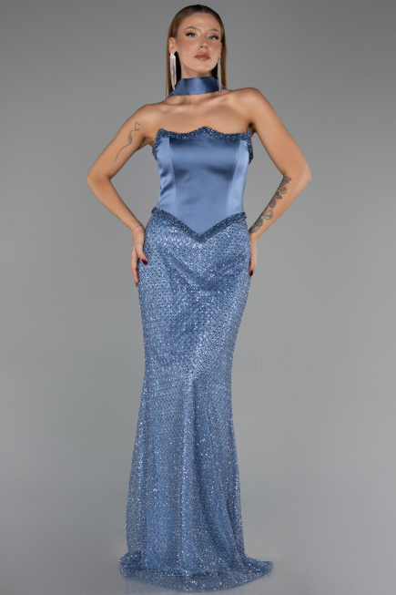 Robe de Soirée Grande Taille Longue Perlé Indigo ABU6258