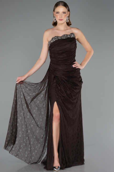 Robe de Soirée Longue Dantelle Brun ABU6562